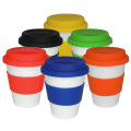 Coffee cup White ceramic takeaway cup. Double walled with silicone surround. Reusable coffee cup/mug Eco Friendly