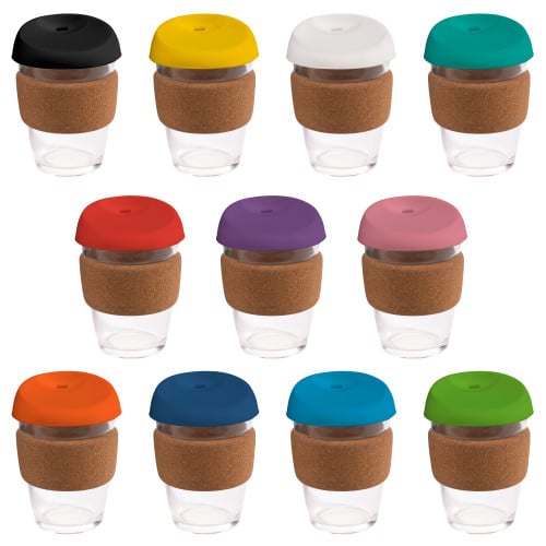 coffee cup / Mug 12oz/340ml Glass Karma Kup Cork Band Silicon lid Reusable  Eco Friendly