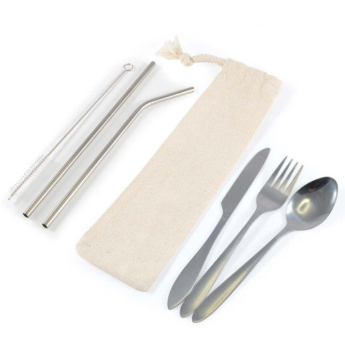 Banquet Stainless Steel Cutlery & Straw Set in Calico Pouch
